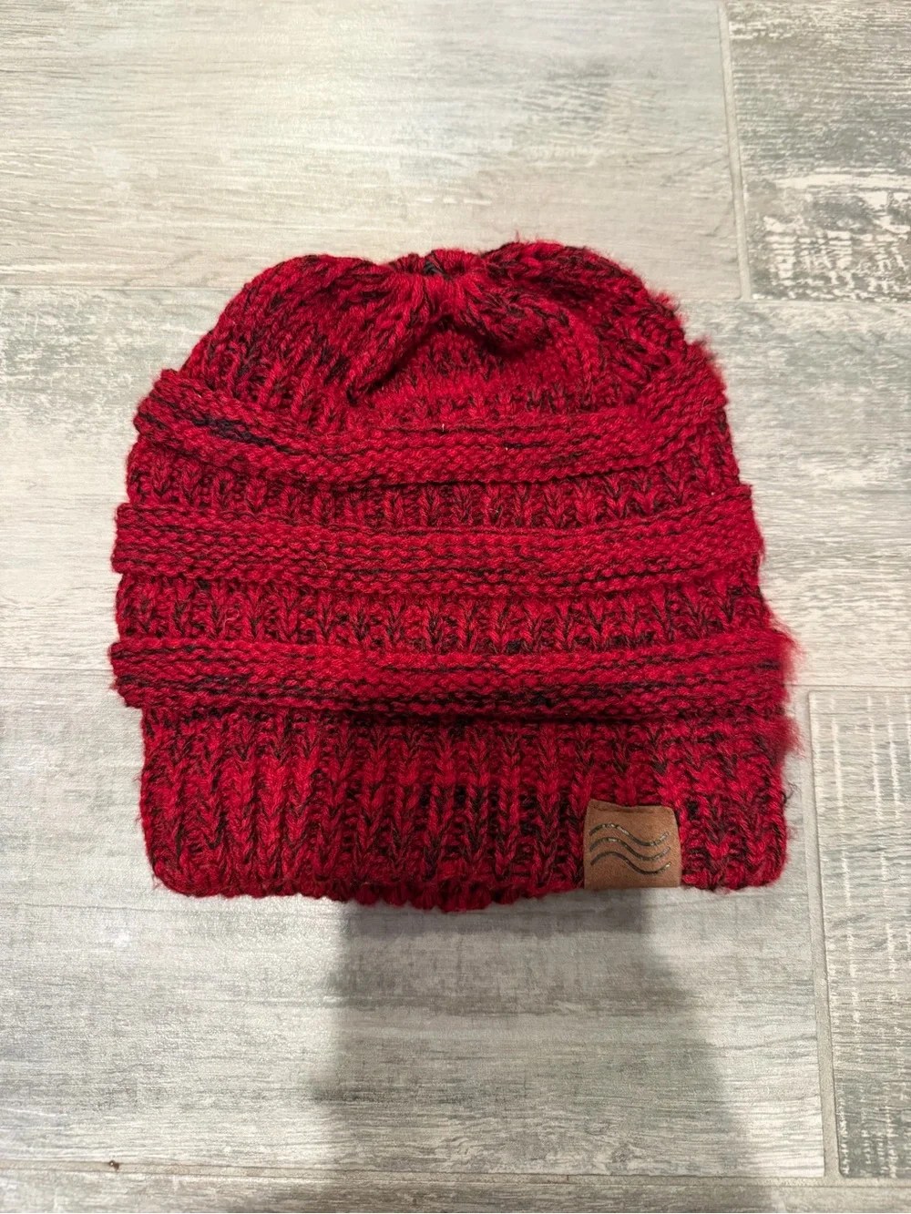 Knit Ponytail Beanie in Two Toned Red/Black